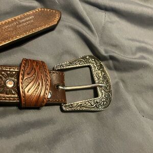 Leather belt with three belt buckles